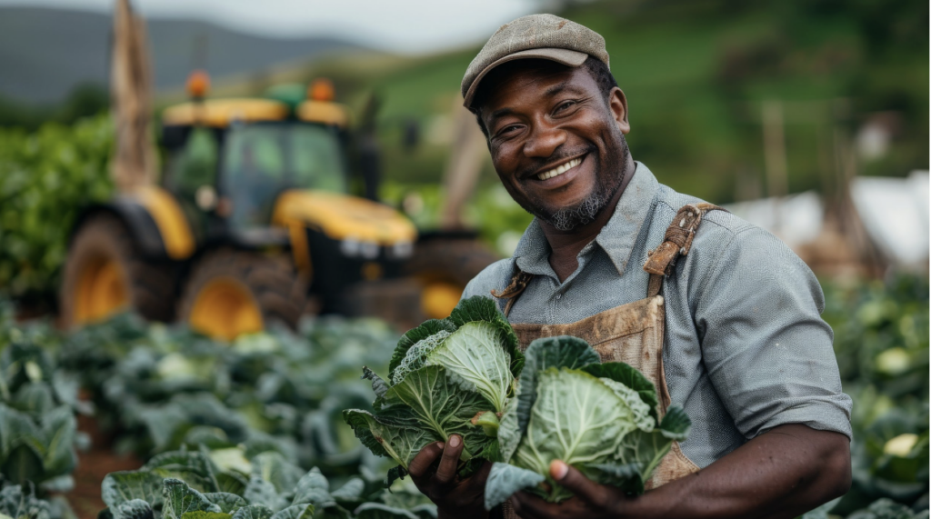 farmer smiling and holding green cabbage