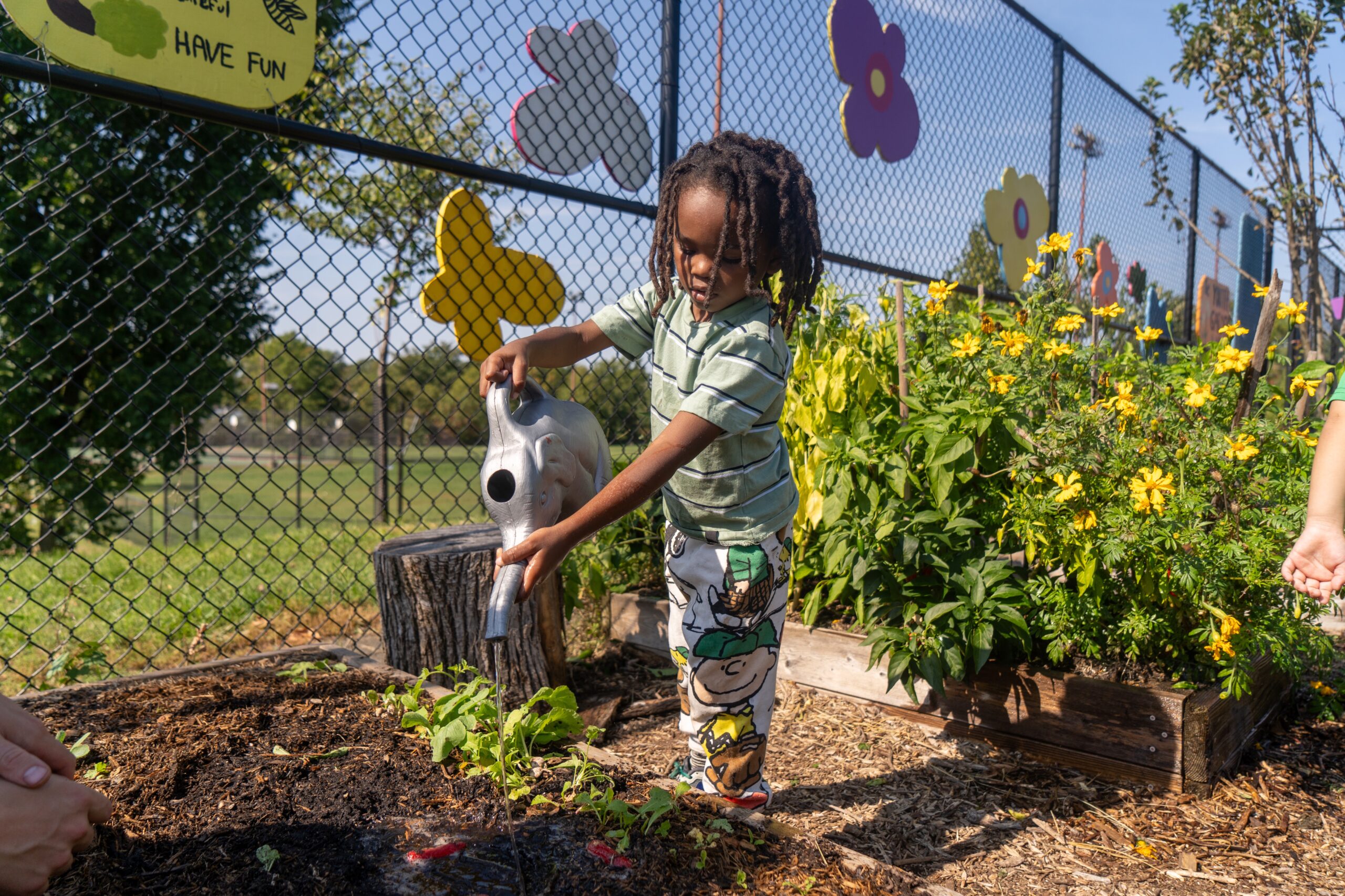 young child watering plants in a garden