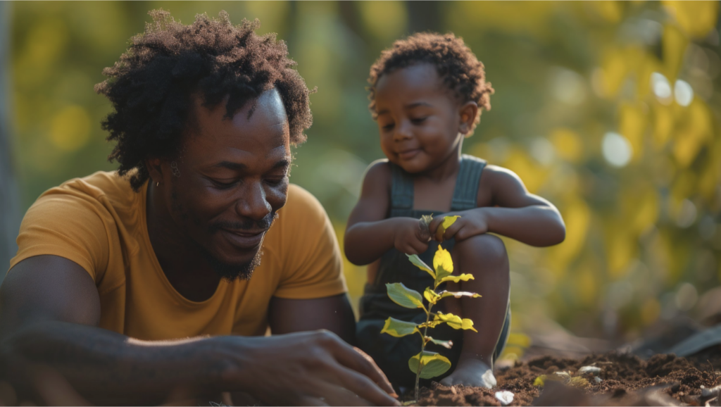 black man and child placing a plant in the ground